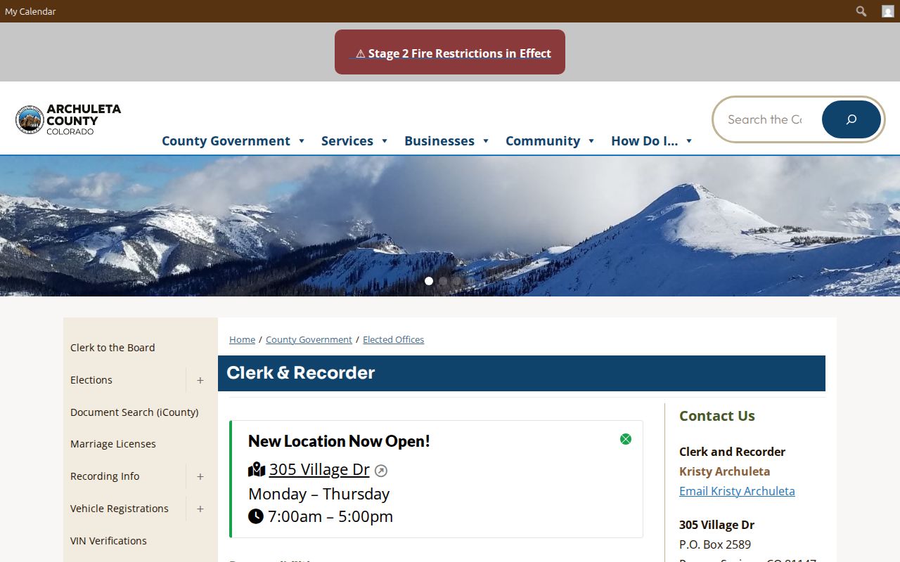 Archuleta County Clerk and Recorder office page