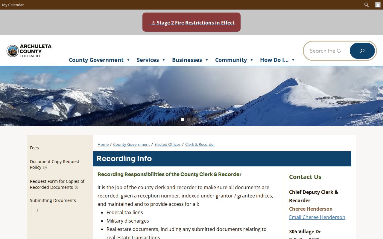 Archuleta County recording information page