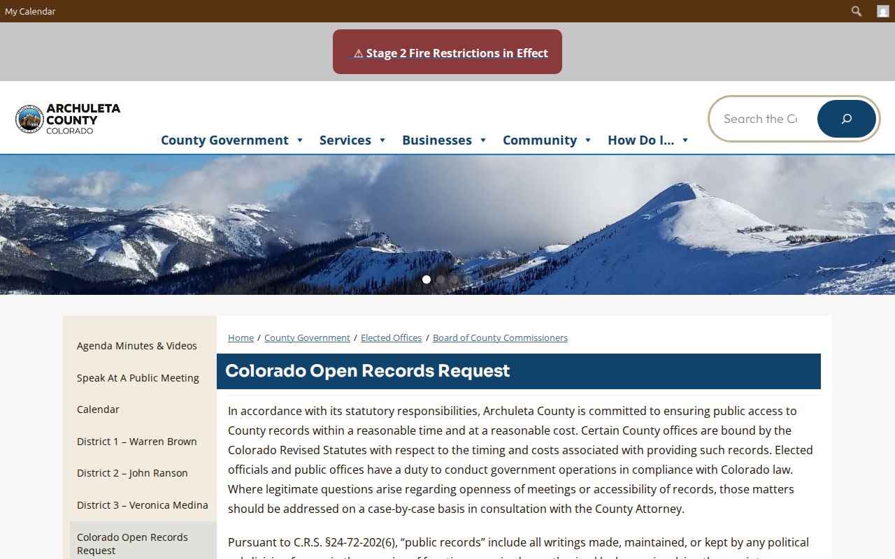 Archuleta County Colorado Open Records Act request page