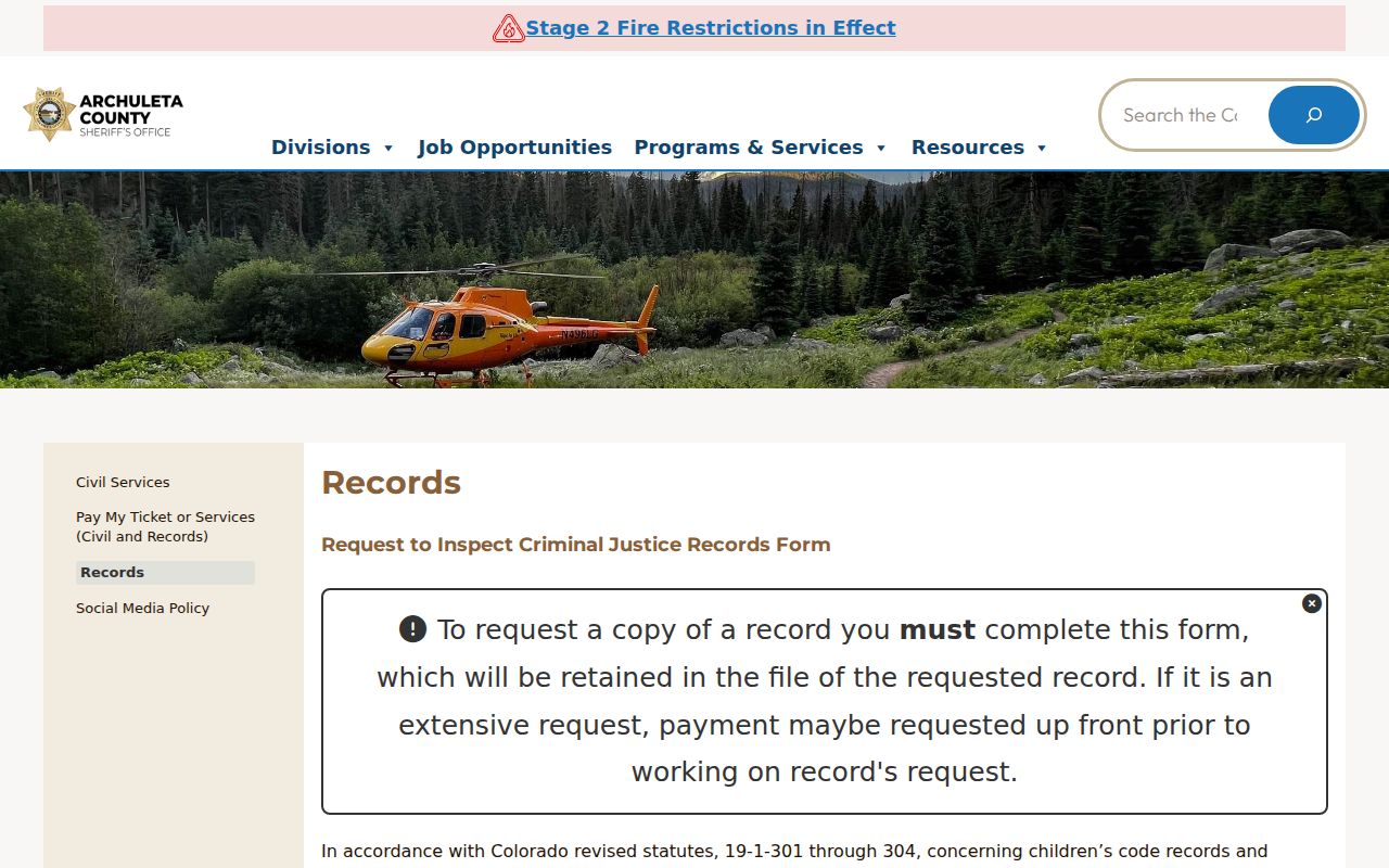 Archuleta County arrest records sheriff criminal justice records request