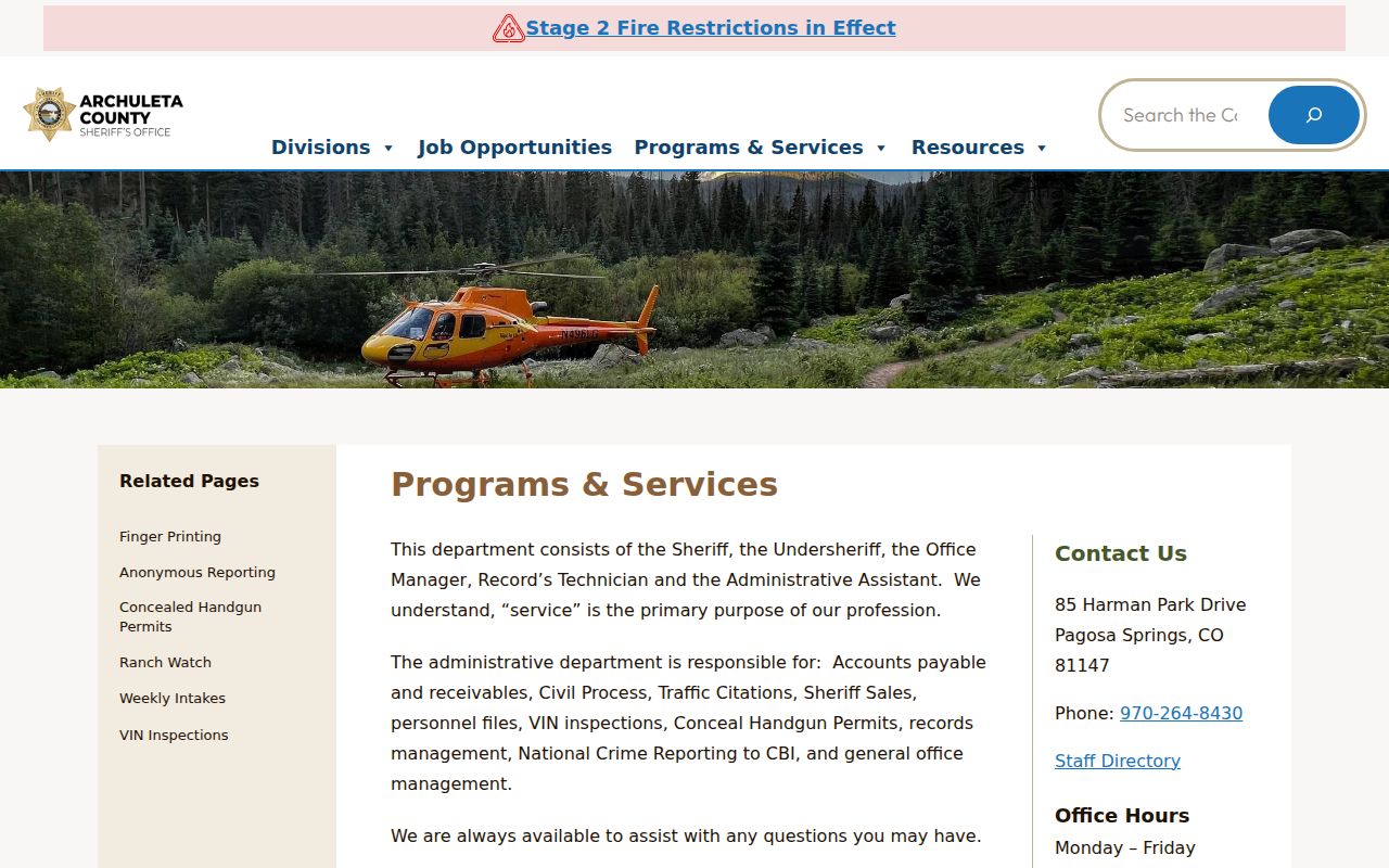 Archuleta County arrest records sheriff programs and services