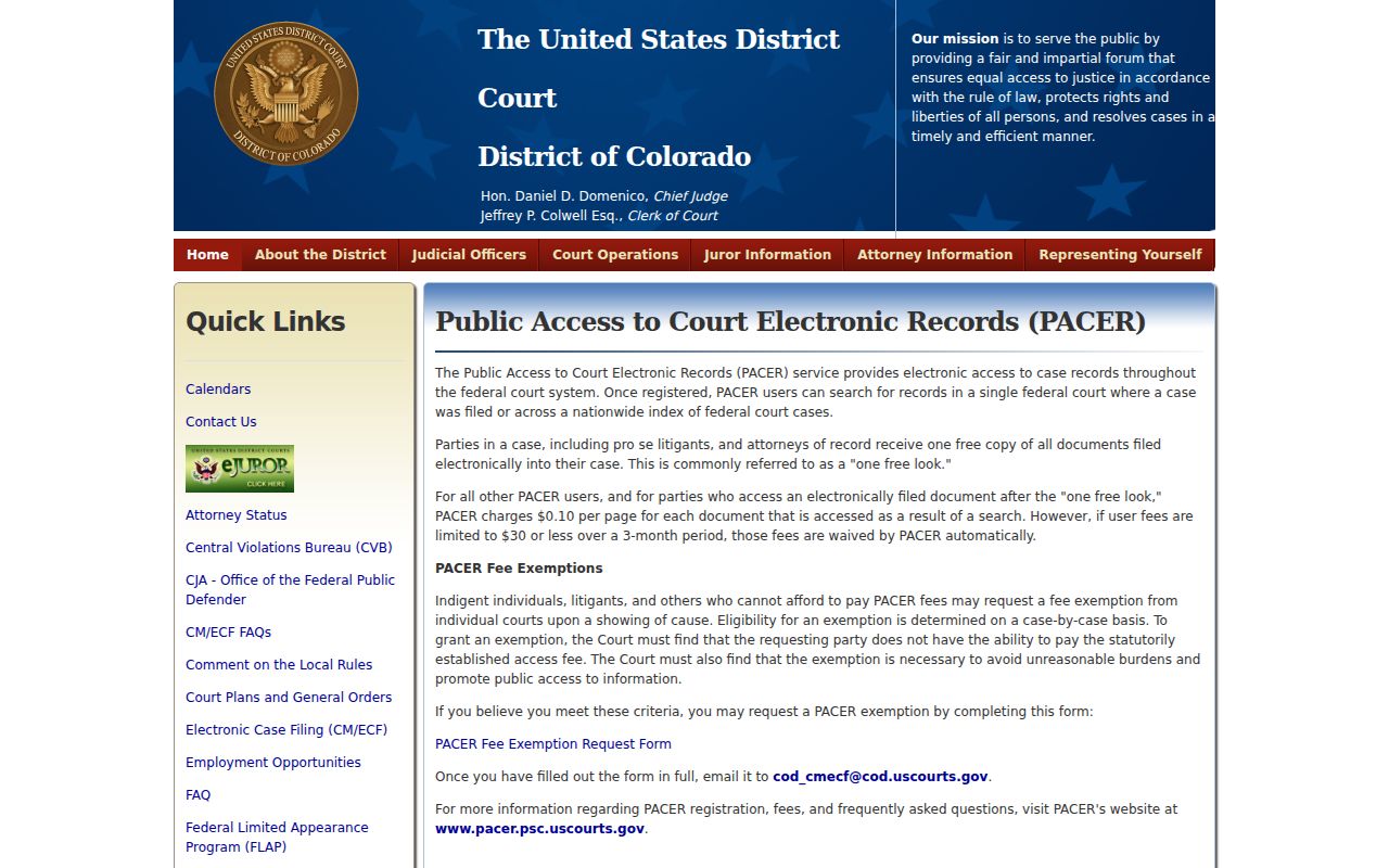 District of Colorado PACER information page