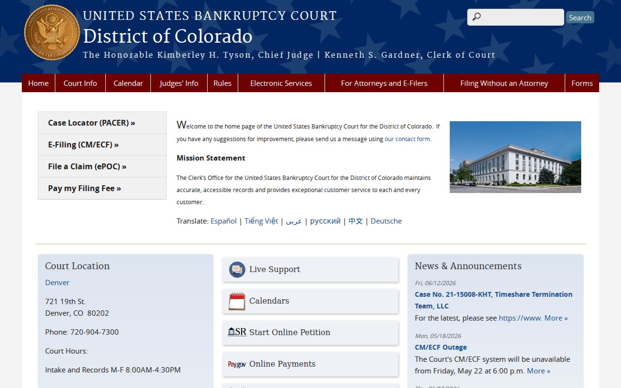 U.S. Bankruptcy Court for the District of Colorado homepage