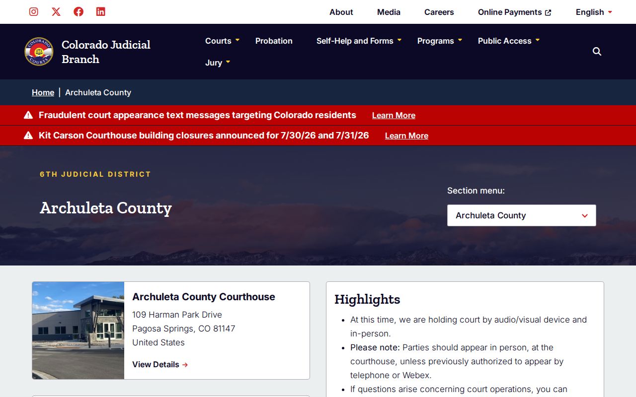 Archuleta County court records Colorado Judicial Branch court page