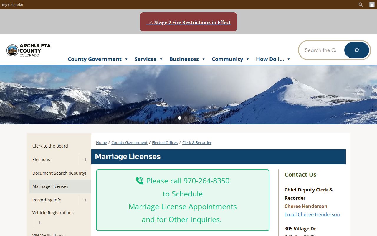 Archuleta County marriage license information page