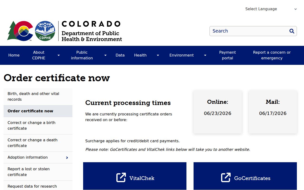Colorado certificate order page for vital record verifications