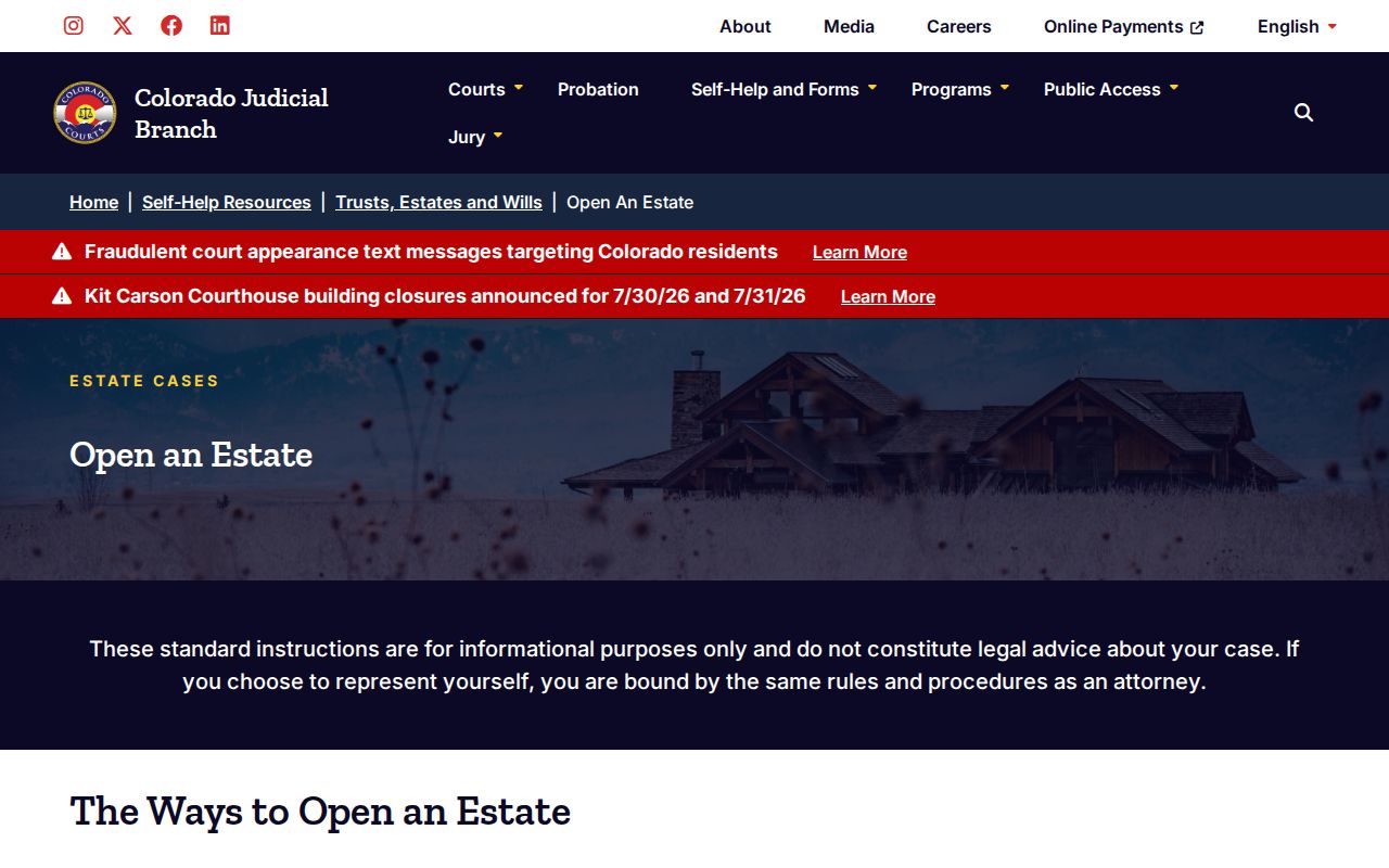 Colorado Judicial Branch opening an estate self-help page